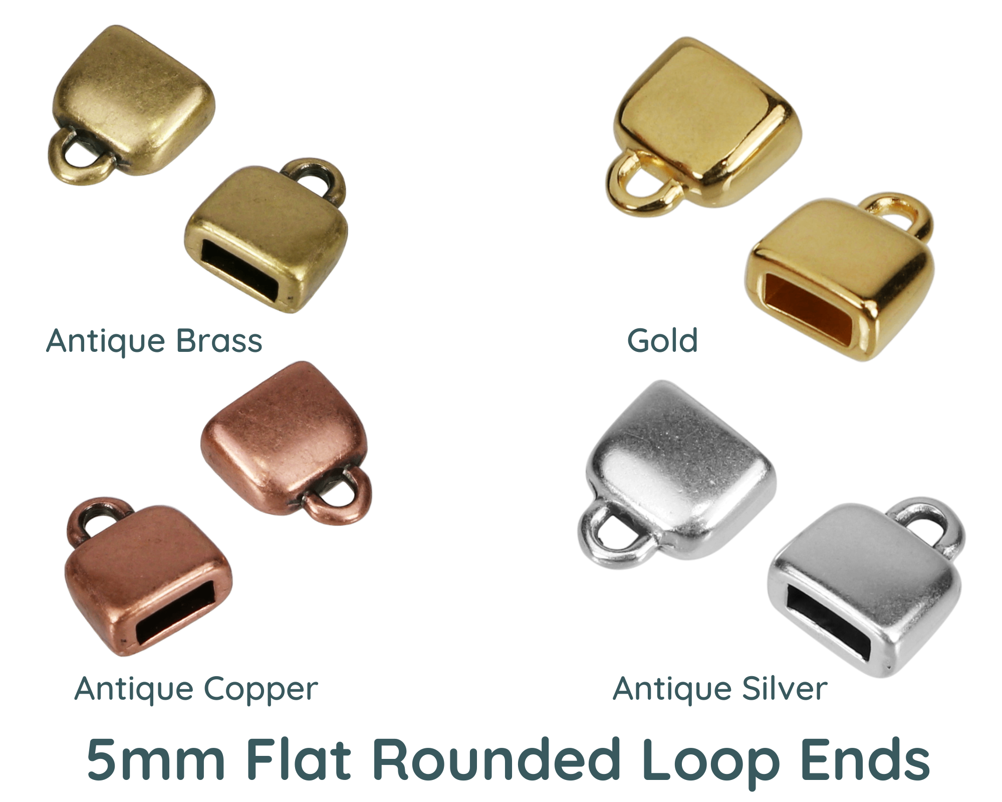 Collection of 5mm Flat Rounded Loop Ends in Antique Brass, Gold, Antique Copper, and Antique Silver on a white background.