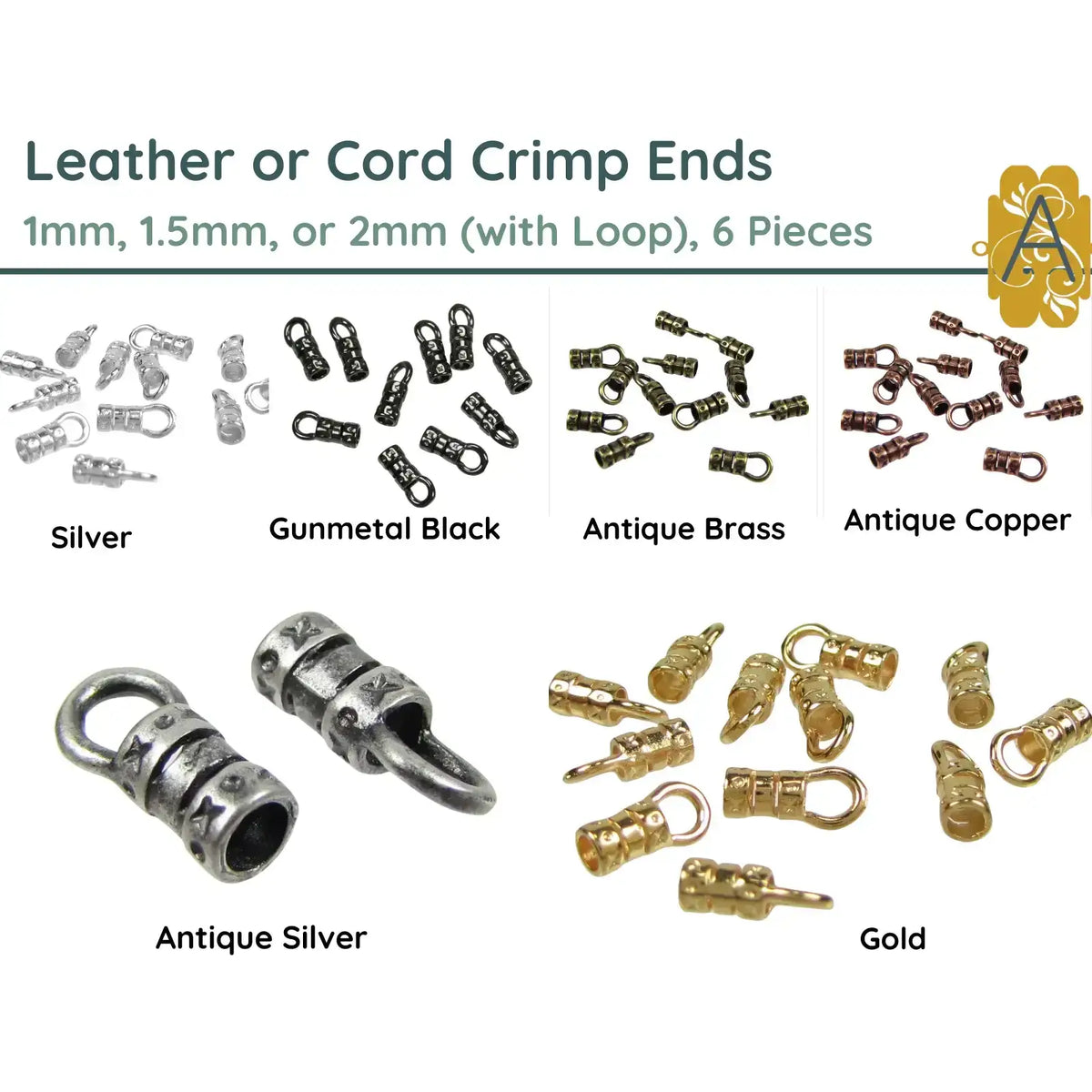 Leather Robe Crimp Leather or Cord Crimp Ends with Loop, 1, 1.5, 2 or 2.5mm, 6 Pcs. – The ...