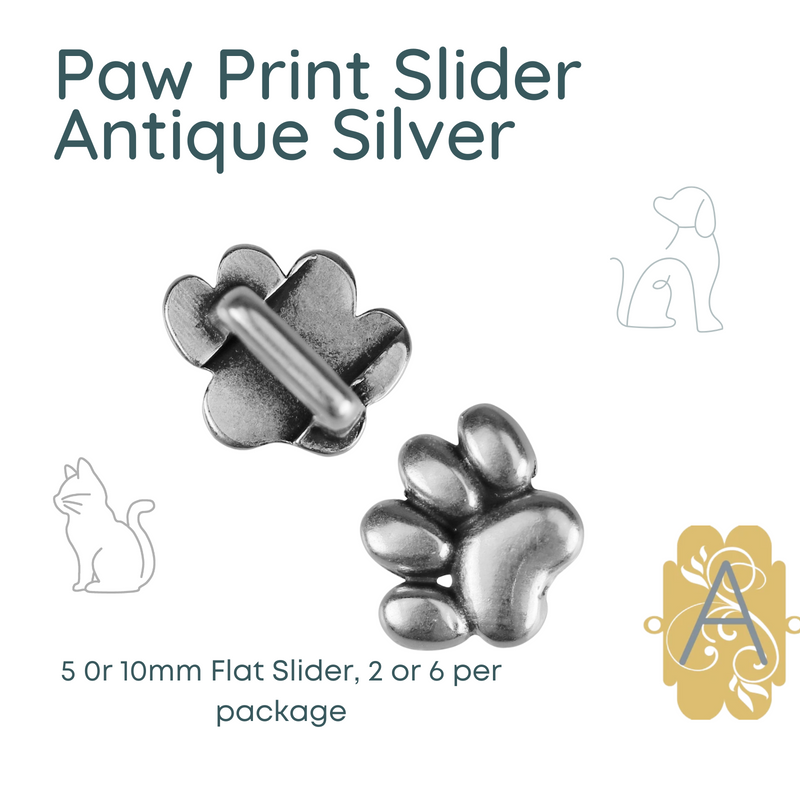 Paw Prints Flat Sliders for Leather or Cork, 5 or 10mm, in 4 Finishes - The Argus Collection