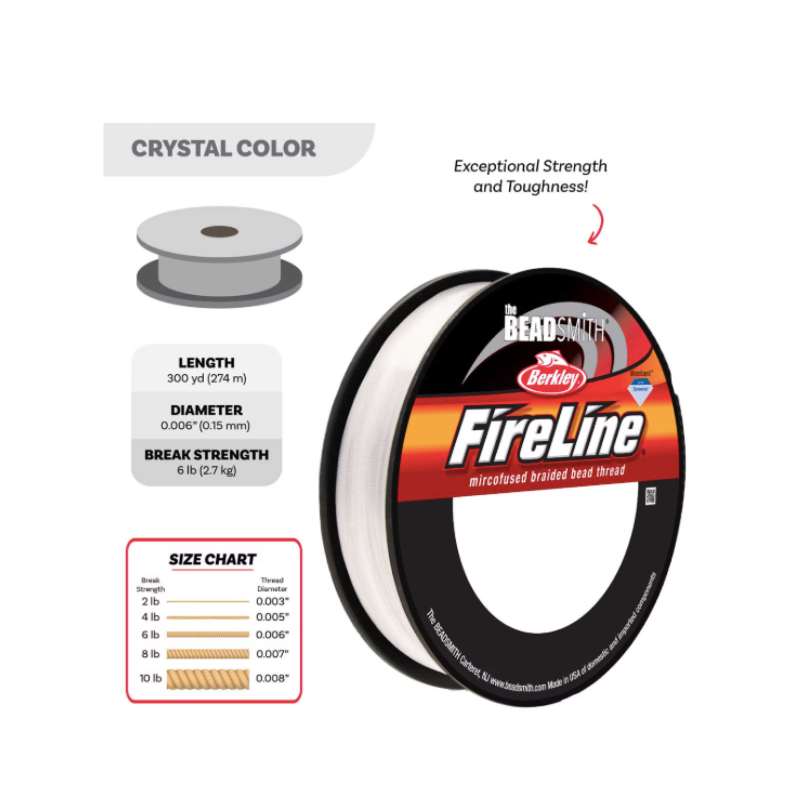 FireLine 6 lb Crystal Braided Beading Thread – 50, 125 or 300 Yards