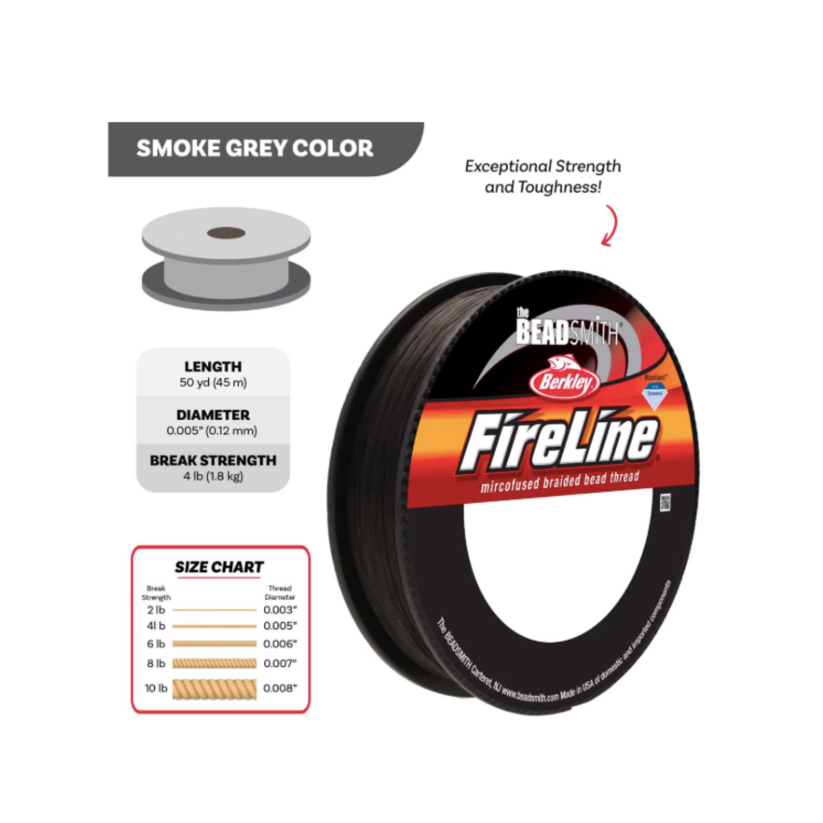 FireLine 4 lb Smoke Grey Braided Beading Thread – 50, 125 or 300 Yards