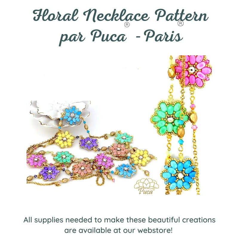 Colorful floral necklace with 'Puca - Paris' branding on a white background