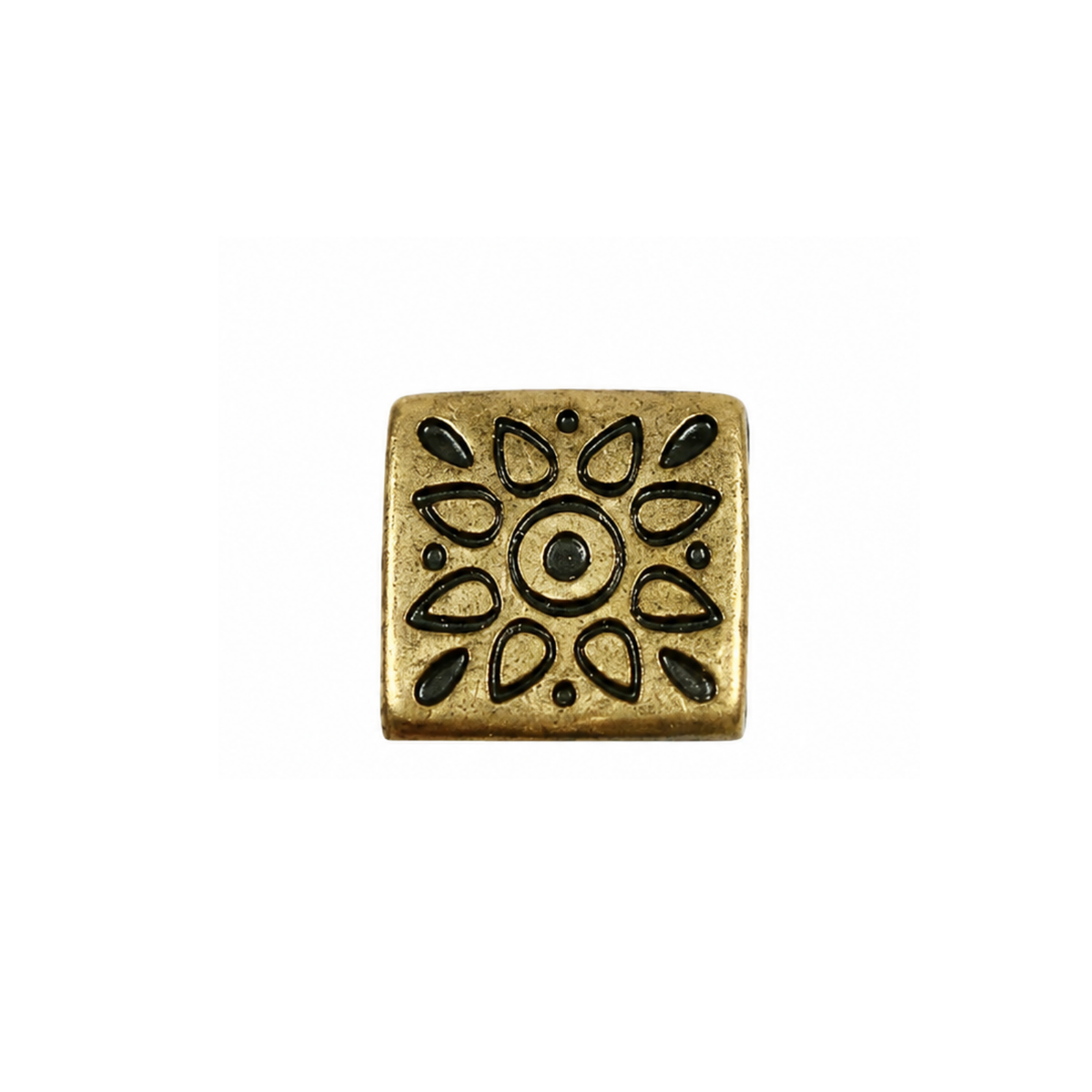 A square brass-colored metal charm with a black sunburst pattern, isolated on a white background.