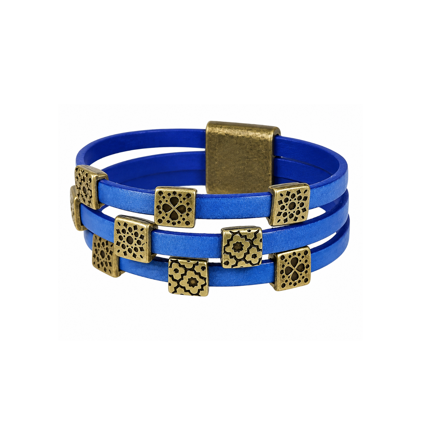 Folk Flower sliders used on blue 5mm flat leather bracelet