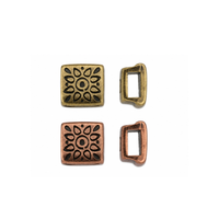 Folk Flower 5mm flat leather sliders in Antique Brass and Antique Copper, front and side views