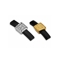 Folk Flower 5mm flat leather sliders in Silver and Gold shown on black leather