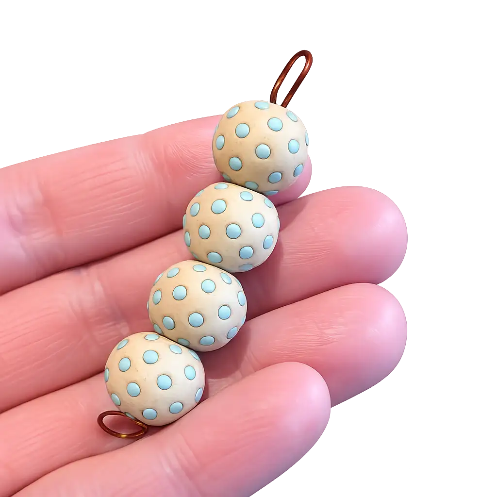 Polka dot beads on a string held between fingers against a white background