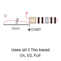 Diagram showing a thread with beads and measurements on a white background