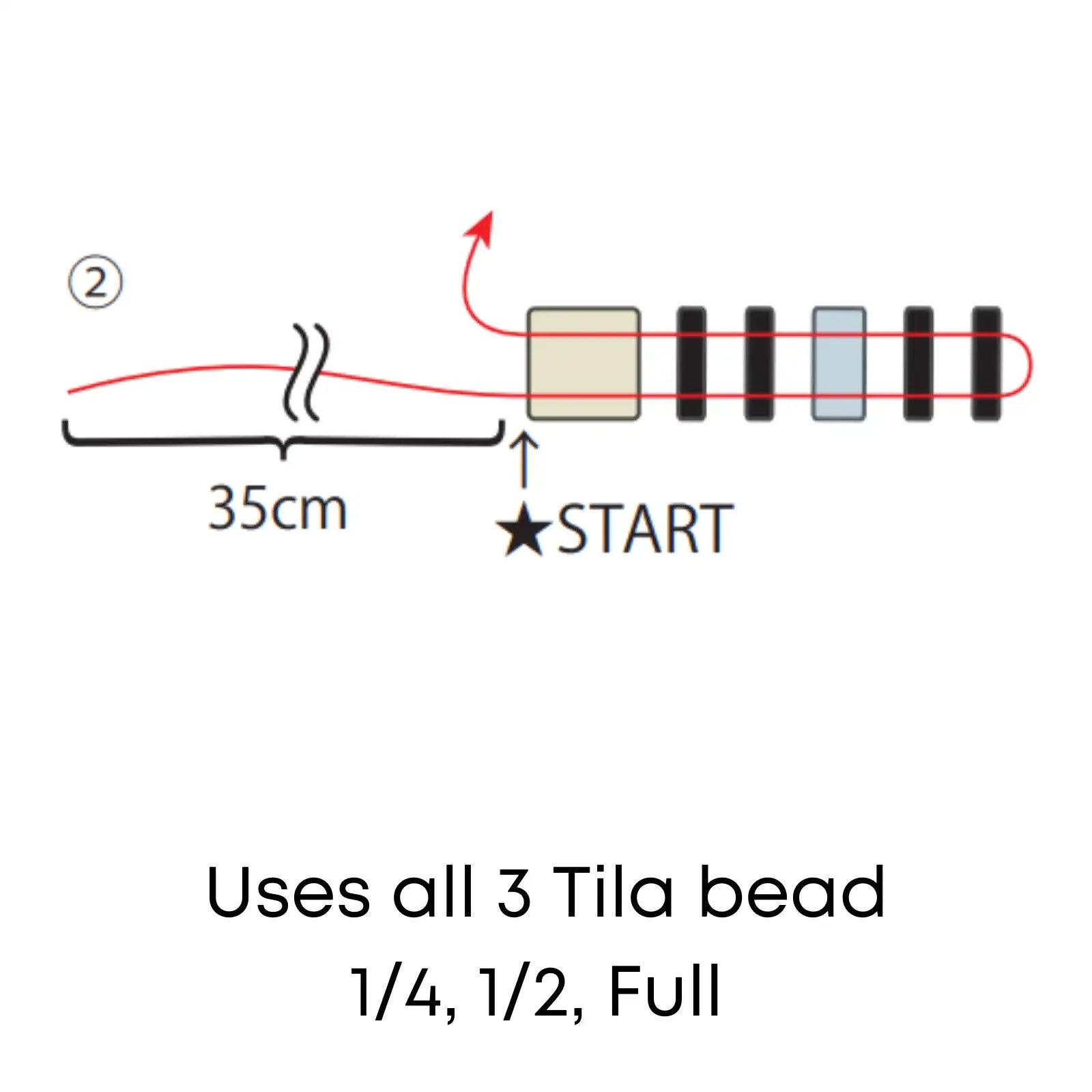 Diagram showing a thread with beads and measurements on a white background