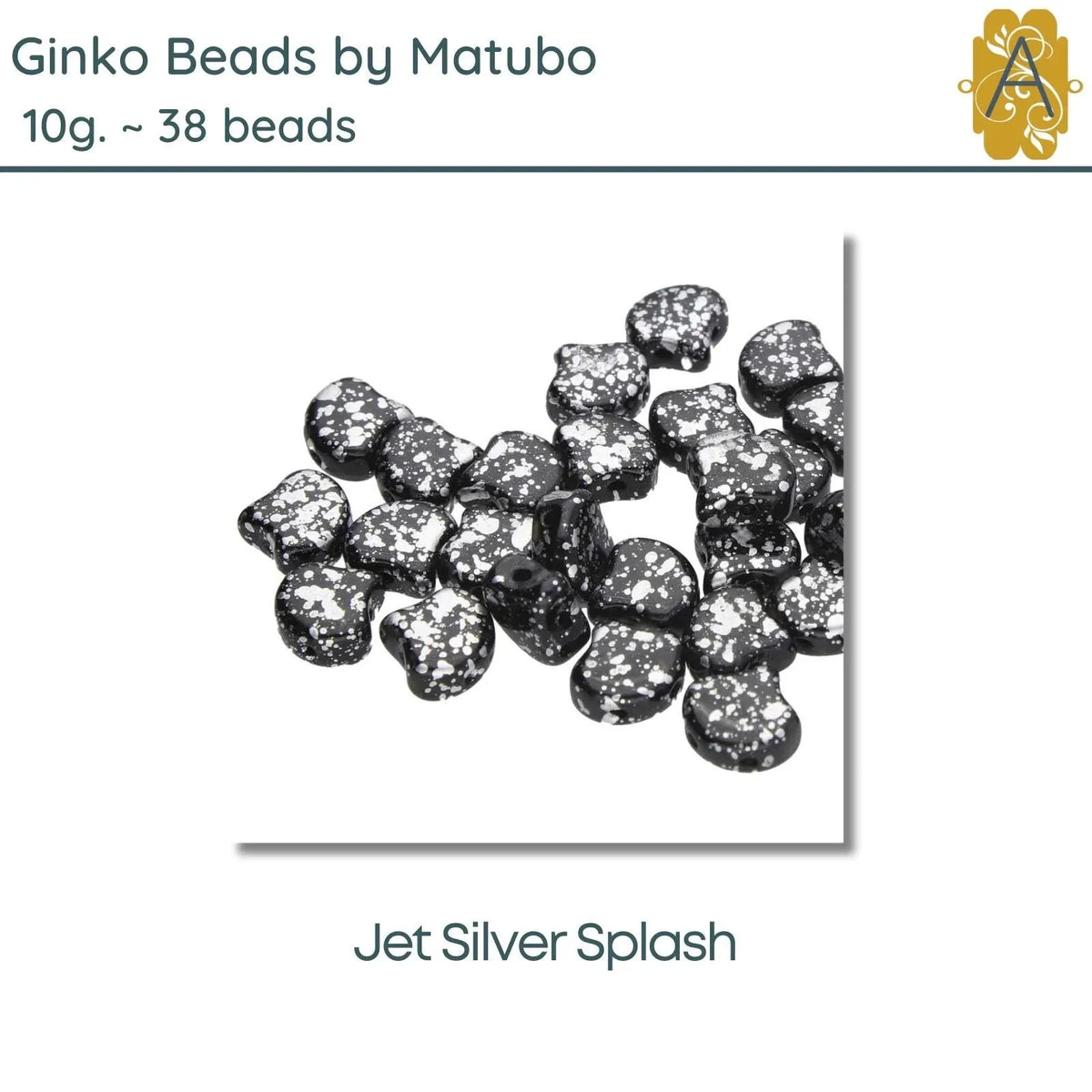 Ginko Beads, 10g. by Matubo, Jet Silver Splash - The Argus Collection