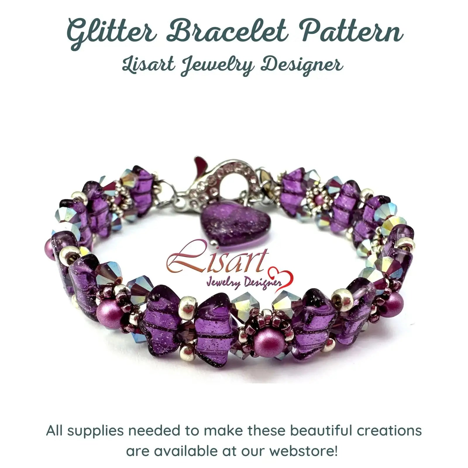 Purple glitter bracelet with heart charm on a white background, featuring Lisart Jewelry Designer branding.