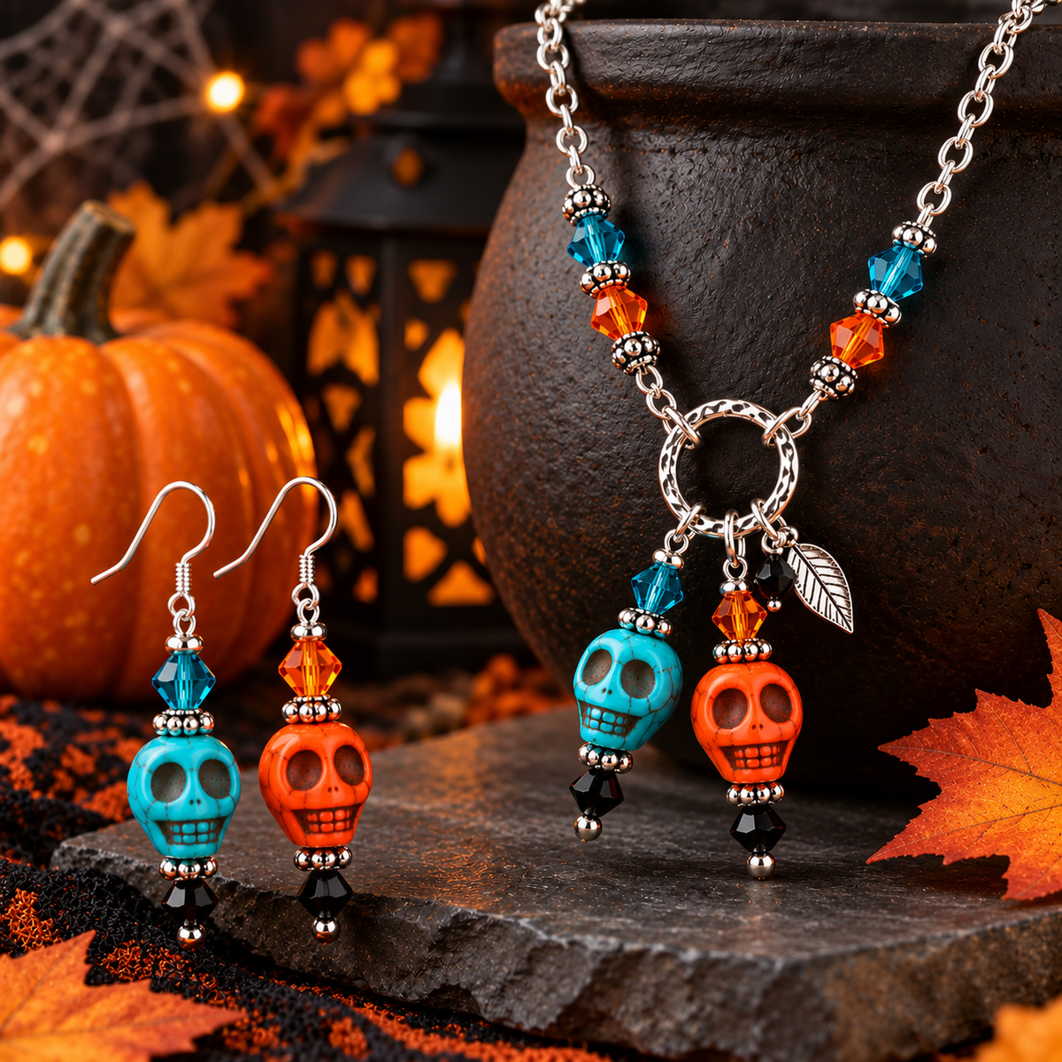 Skull Beads – Orange & Turquoise – 2 Sizes