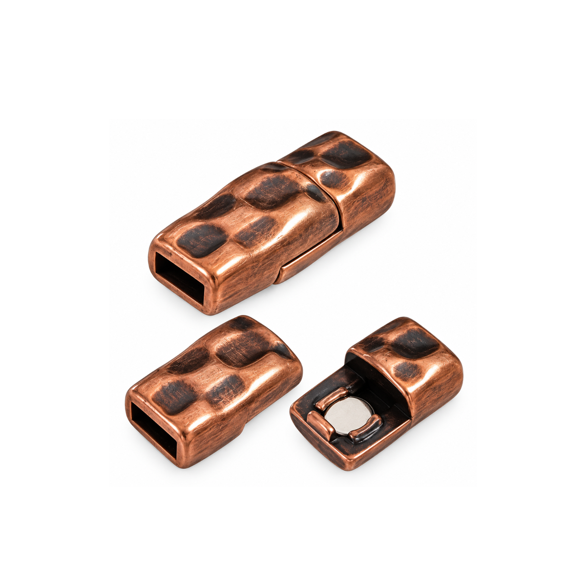 Antique copper hammered magnetic clasp shown assembled and separated to display the magnetic closure and 5mm flat leather opening.