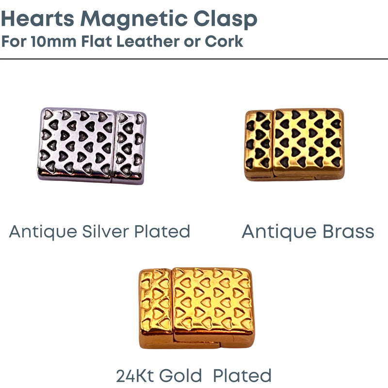 Hearts Magnetic Clasp, For 10mm Flat Leather or Cork - The Argus Collection