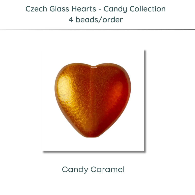 Czech Glass Hearts, includes 4 pieces, a Candy Caramel color - The Argus Collection