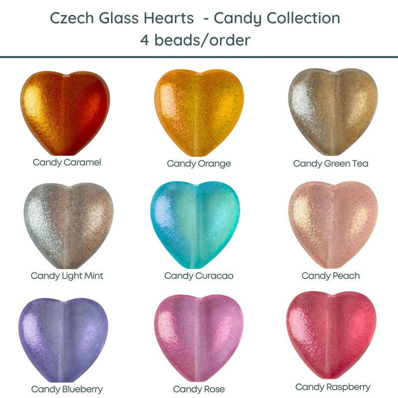 Czech Glass Hearts, 4 pcs, Candy Collection, 9 Colors - The Argus Collection