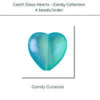Czech Glass Hearts, includes 4 pieces, a Candy Curacao color - The Argus Collection