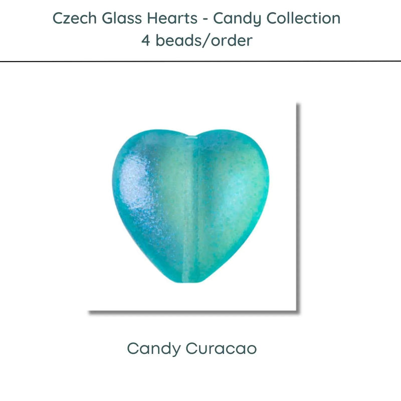 Czech Glass Hearts, includes 4 pieces, a Candy Curacao color - The Argus Collection