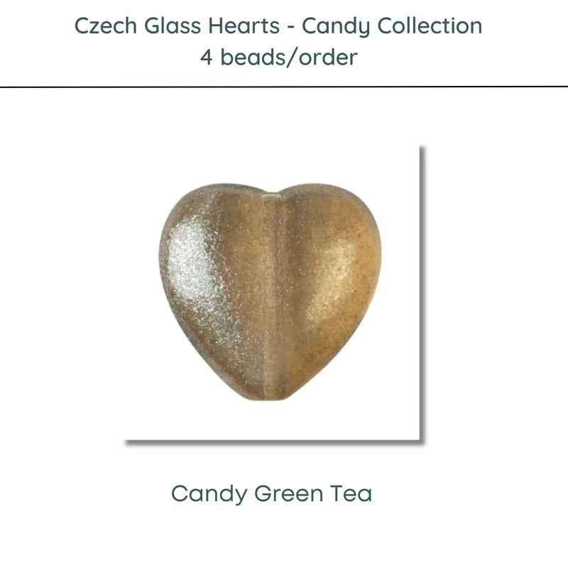 Czech Glass Hearts, includes 4 pieces in a Candy Green Tea color - The Argus Collection