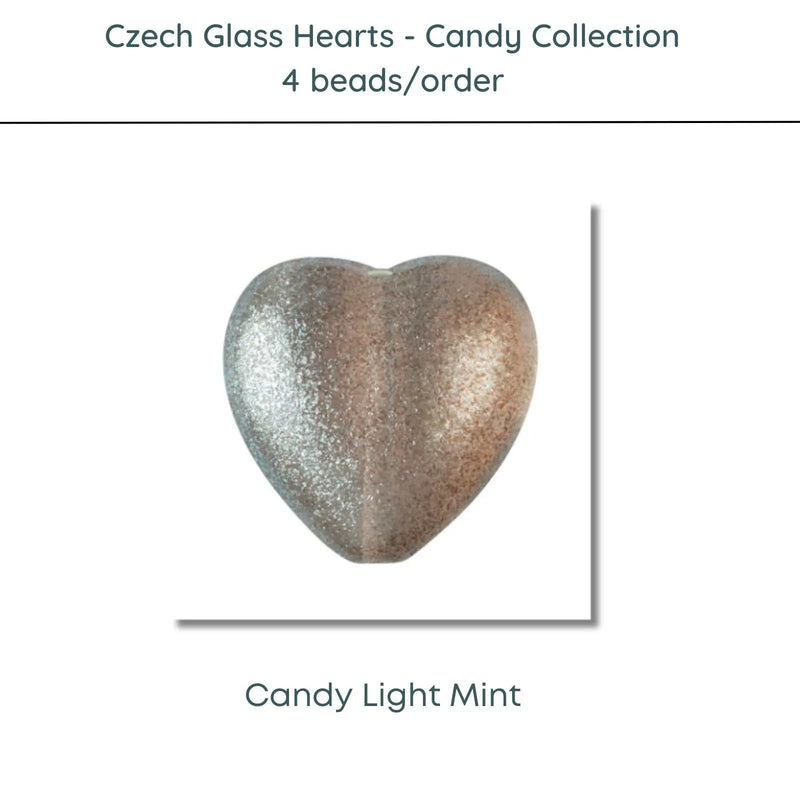 Czech Glass Hearts includes 4 pieces in a Candy Light Mint color - The Argus Collection
