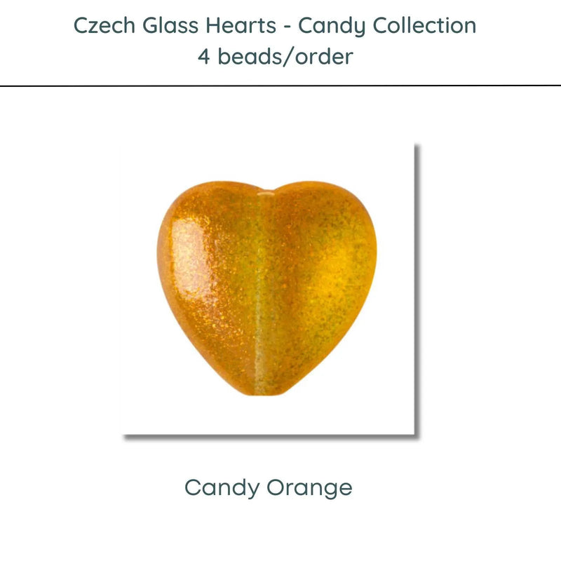 Czech Glass Hearts includes 4 pieces in a Candy Orange color - The Argus Collection