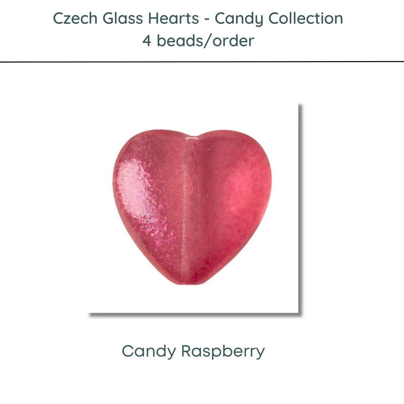 Czech Glass Hearts includes 4 pieces in a Candy Raspberry color - The Argus Collection