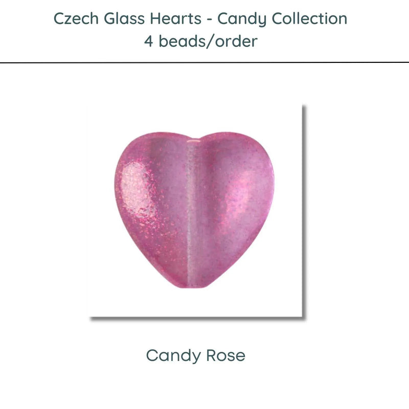Czech Glass Hearts, includes 4 pieces, a Candy Rose color - The Argus Collection
