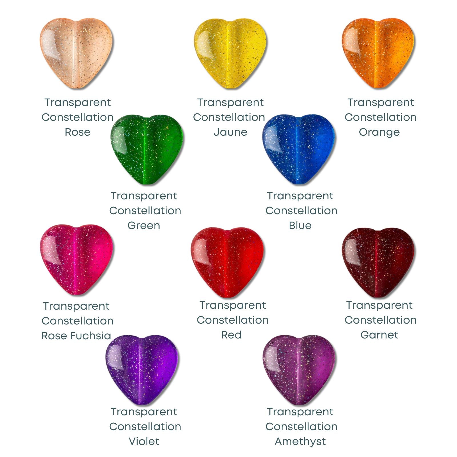 Czech Glass Heart Beads, Transparent Constellation, 4 pcs.