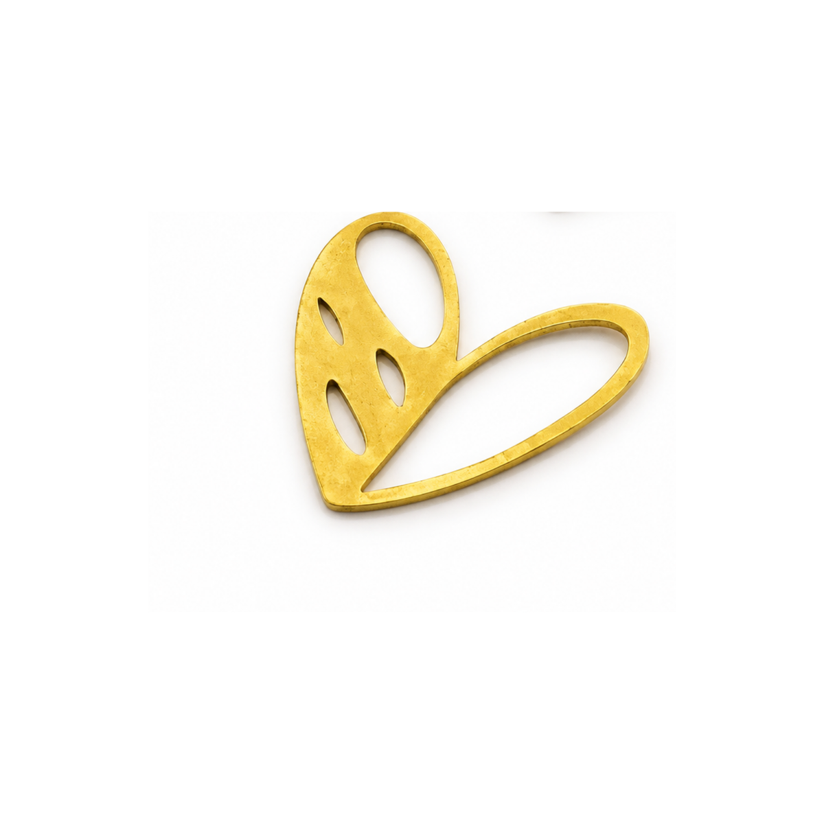 A gold-colored metal heart-shaped brooch with organic cutouts, displayed on a clean white background.
