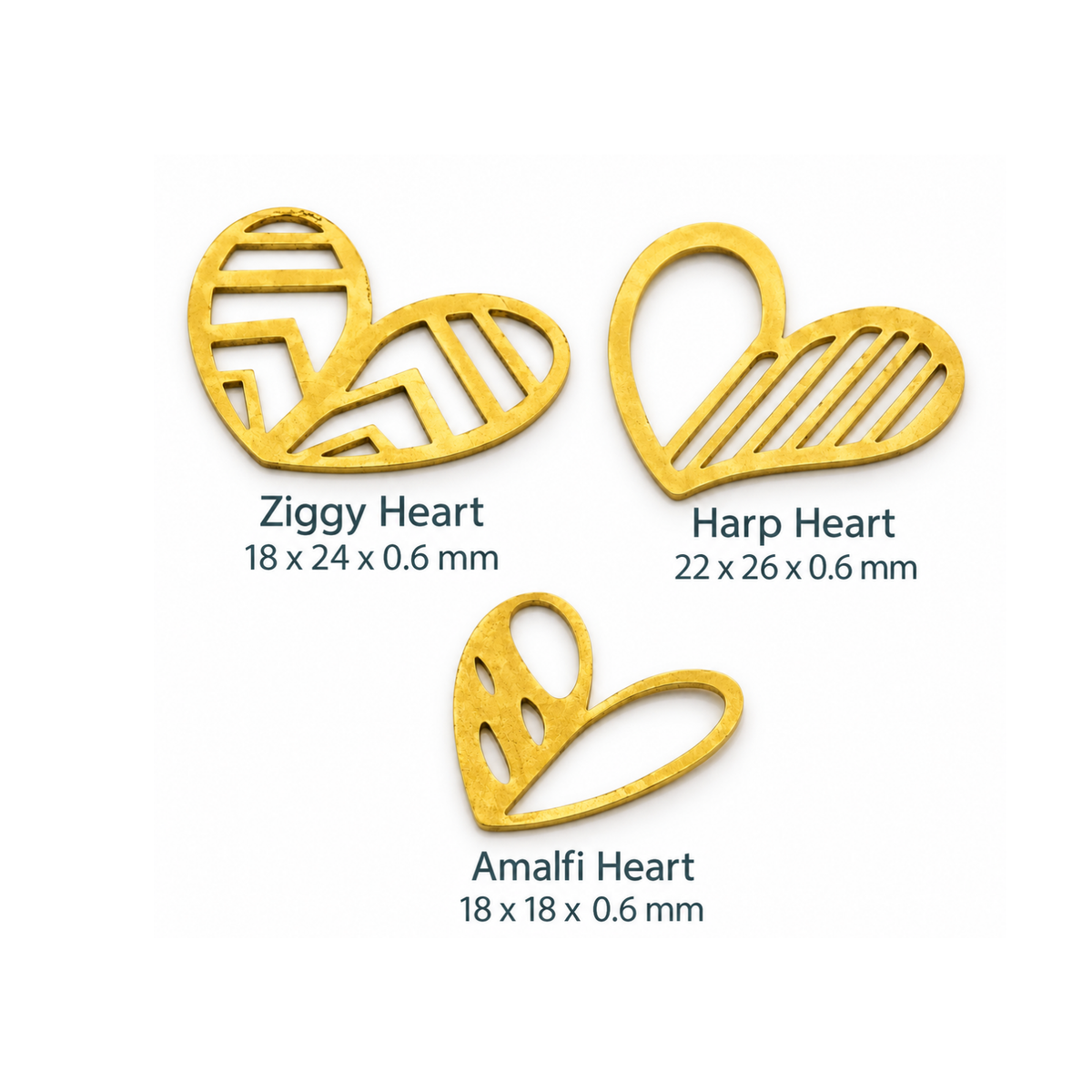 Three gold metal heart-shaped craft charms with different cutout patterns, labeled 'Ziggy Heart', 'Harp Heart', and 'Amalfi Heart' with their dimensions on a white background.