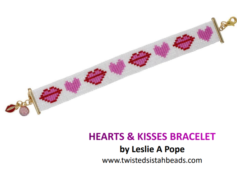 Bracelet with heart and kiss designs on a white background, branded by Leslie A Pope.