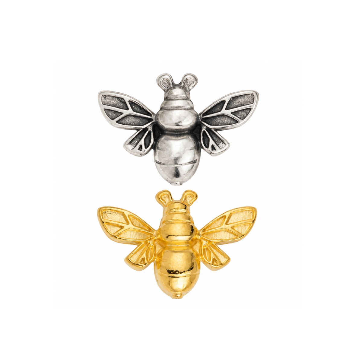 Bee 5mm flat leather sliders in Antique Silver and 24K Gold Plate finishes.