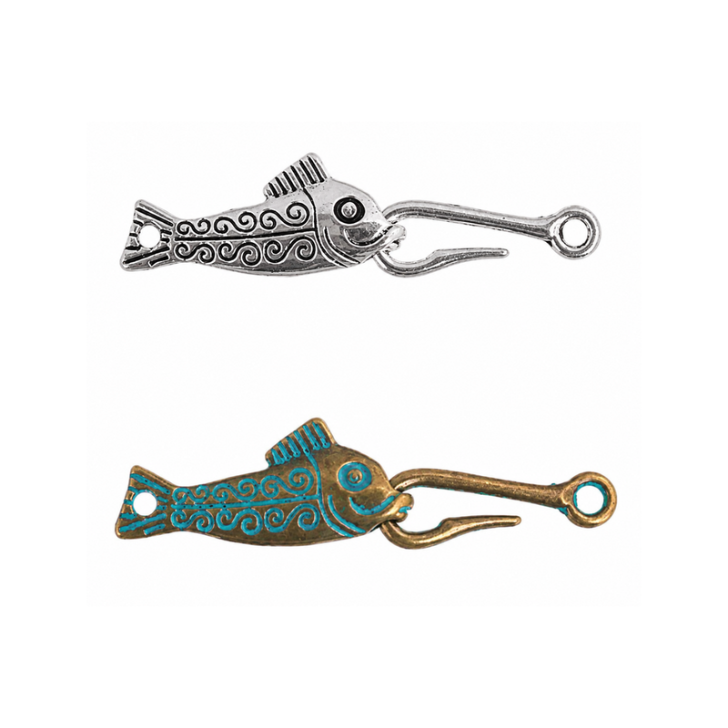 Hooked Fishy Hook & Eye Clasp in Antique Silver and turquoise Patina finishes.