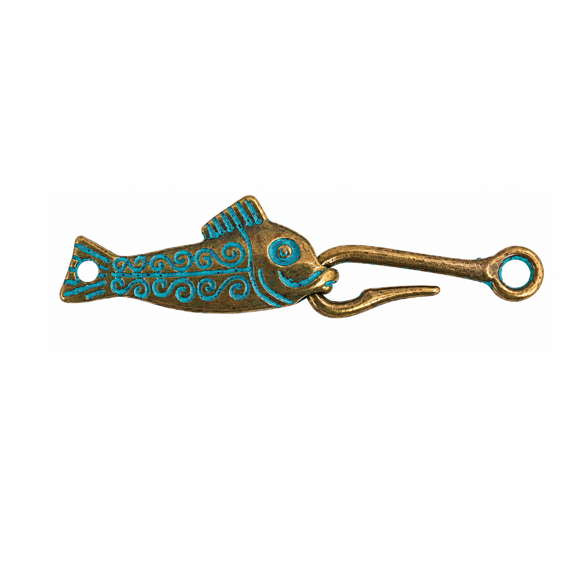 Hooked Fishy Hook & Eye Clasp in antique brass Patina with turquoise accents and detailed fish design.
