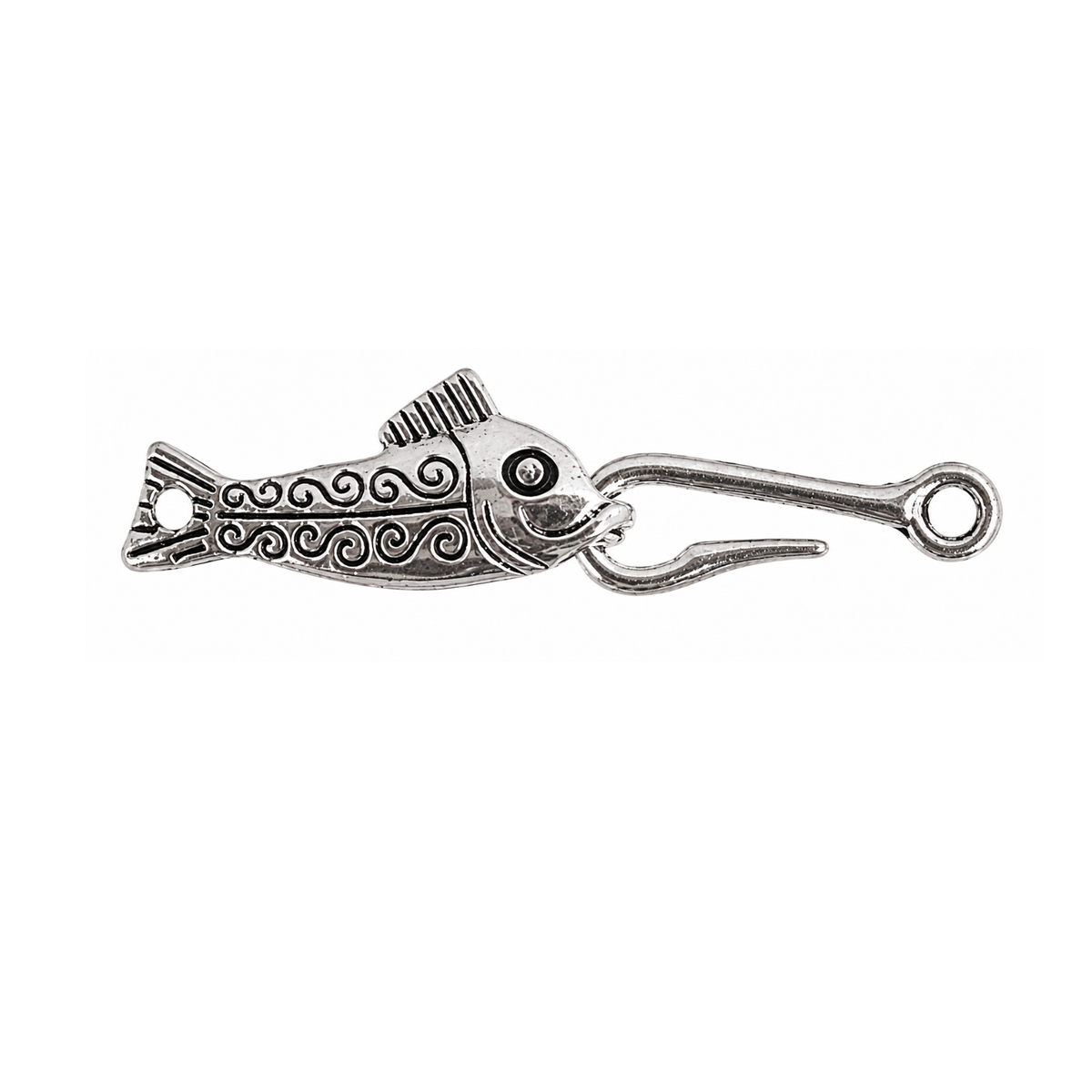 Hooked Fishy Hook & Eye Clasp in Antique Silver with detailed scrollwork fish design.