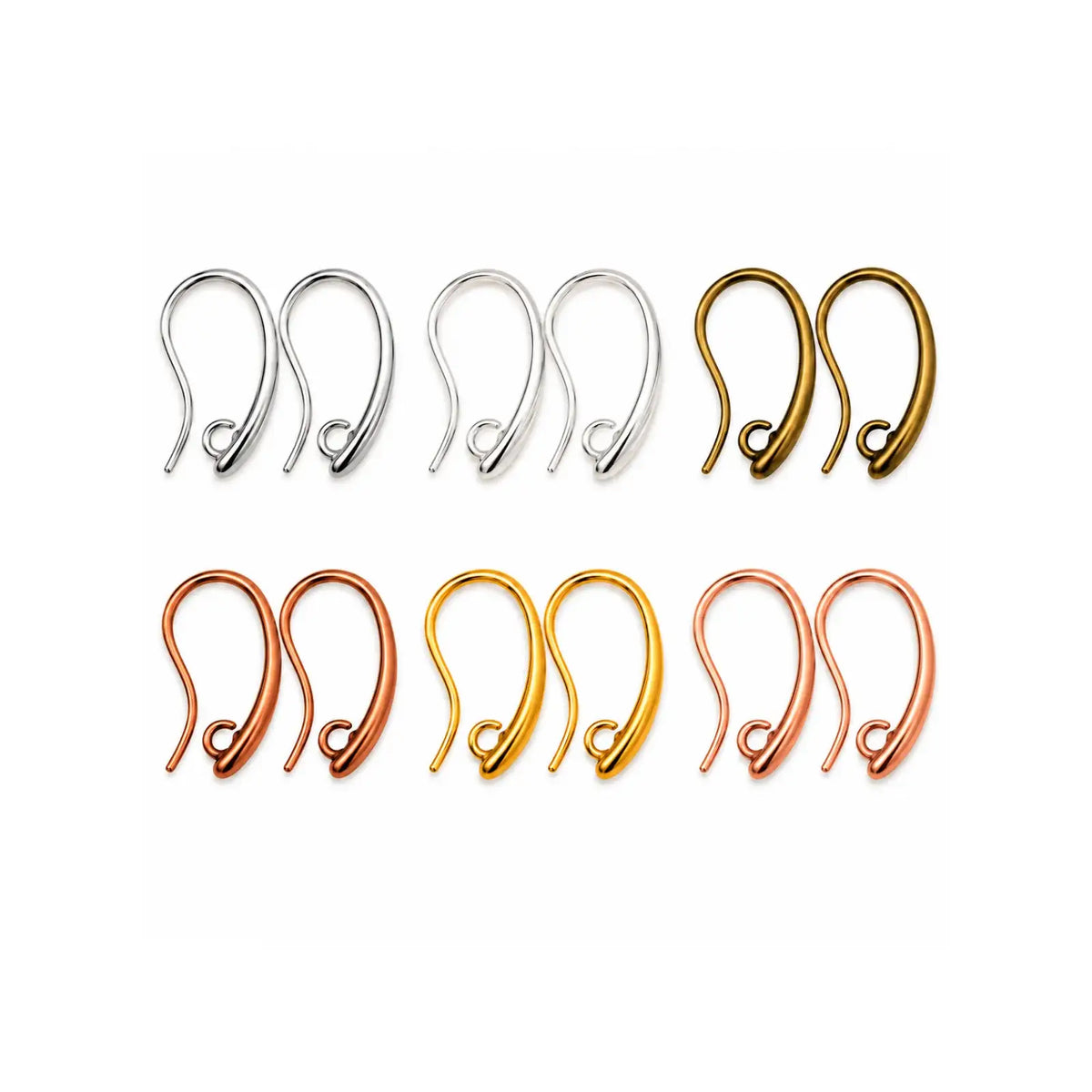 Ear wires in six metallic finishes including silver, sterling silver plated, antique gold, antique copper, gold and rose gold on a white background