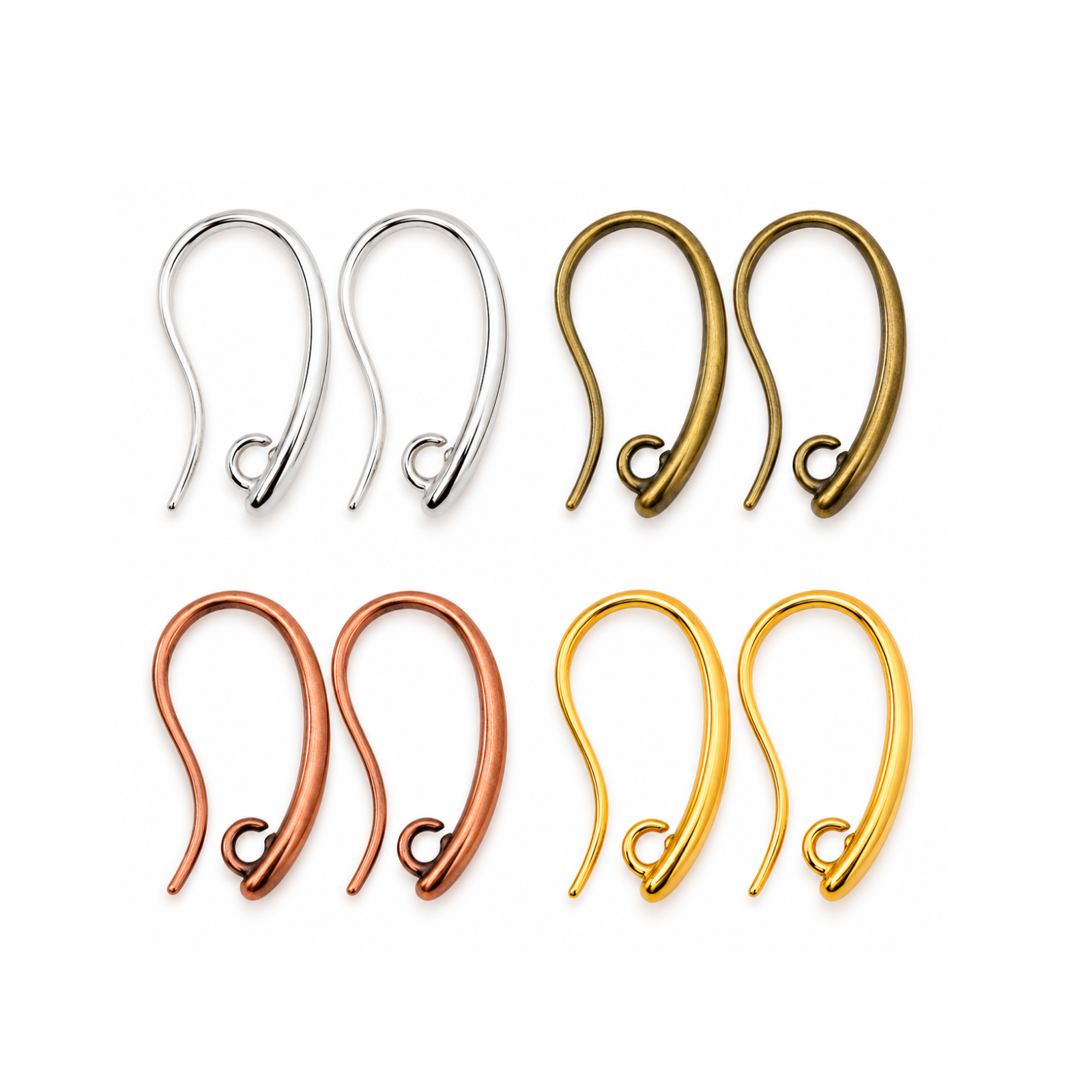 Inside Loop Ear Wires in Silver, Antique Brass, Antique Copper and Gold finishes, 19mm, shown as pairs.
