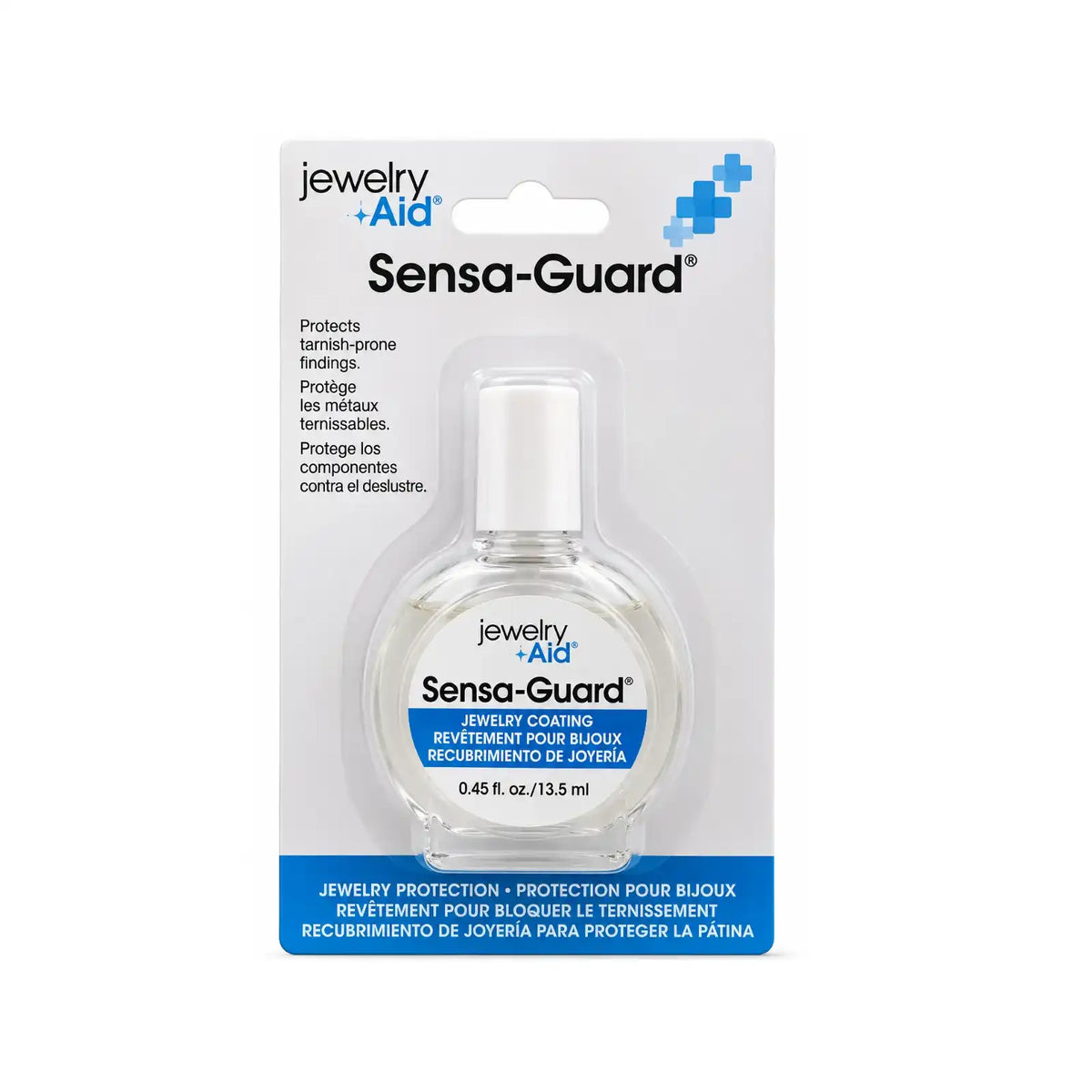 Sensa-Guard Jewelry Coating bottle with built-in brush applicator for applying a protective layer to metal jewelry