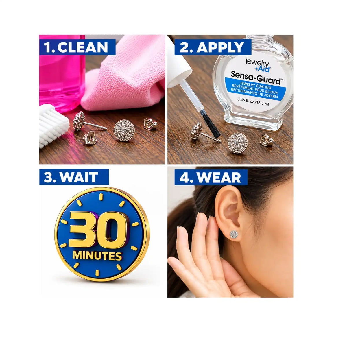 Sensa-Guard jewelry coating application instructions showing clean, apply, wait 30 minutes and wear