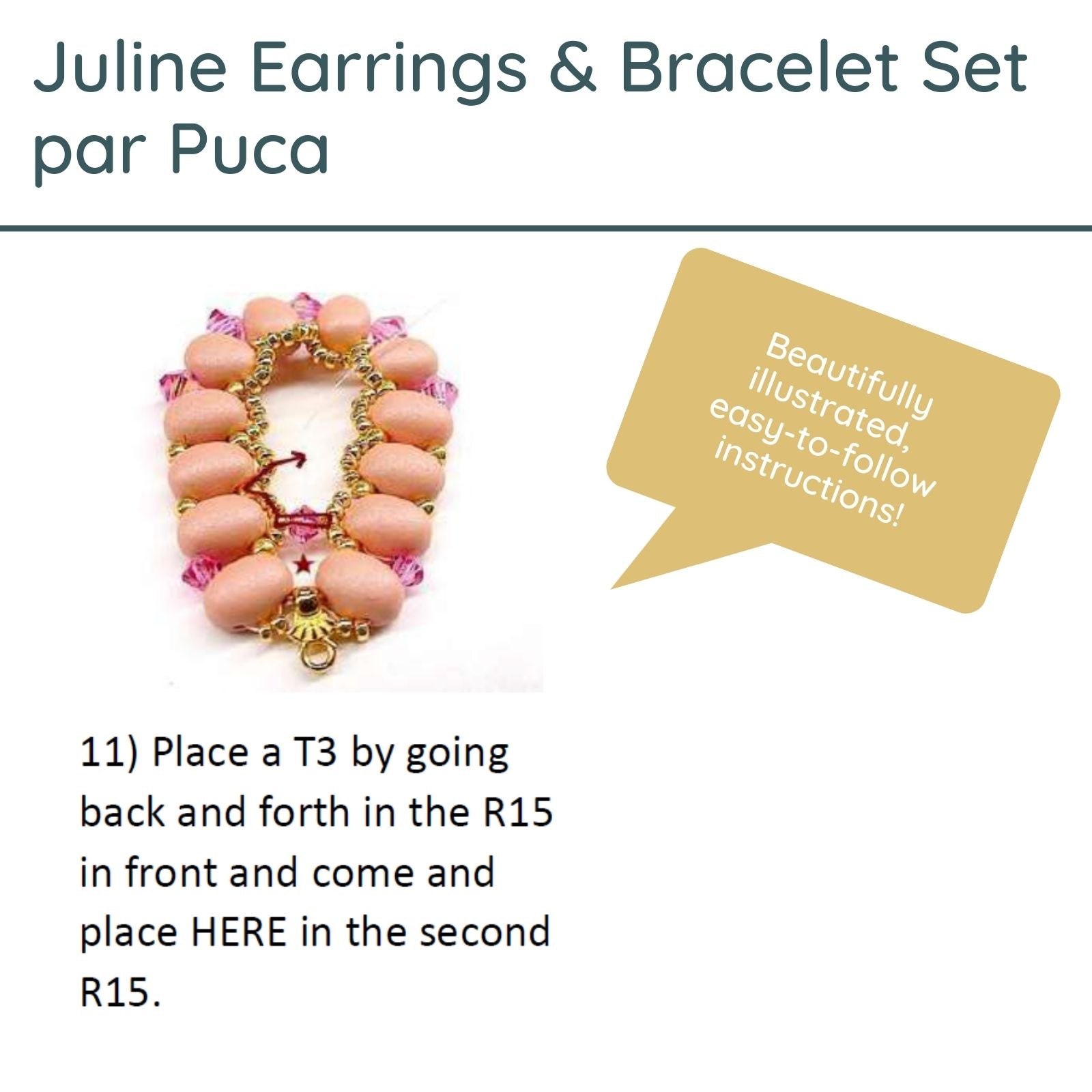 Juline Earrings & Bracelet Set par Puca with a speech bubble and text instructions on a white background