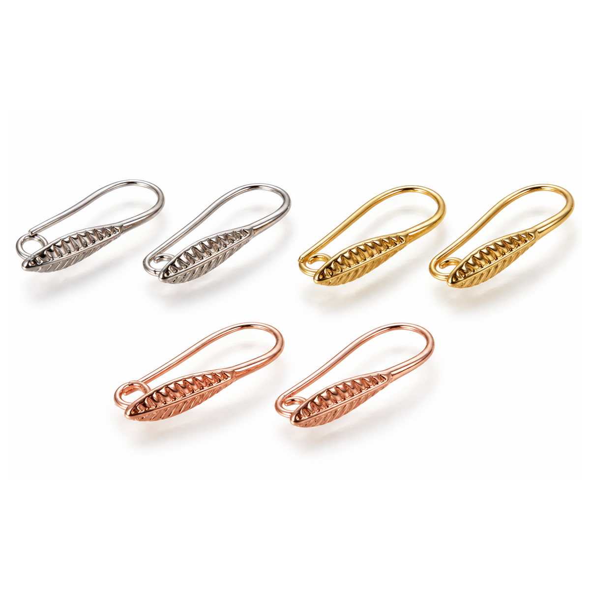 Lyon 1 Leafy Earring Wires in Platinum Colour, Gold Plate and Rose Gold, featuring decorative leaf designs and open attachment loops, 2 pairs per pack.