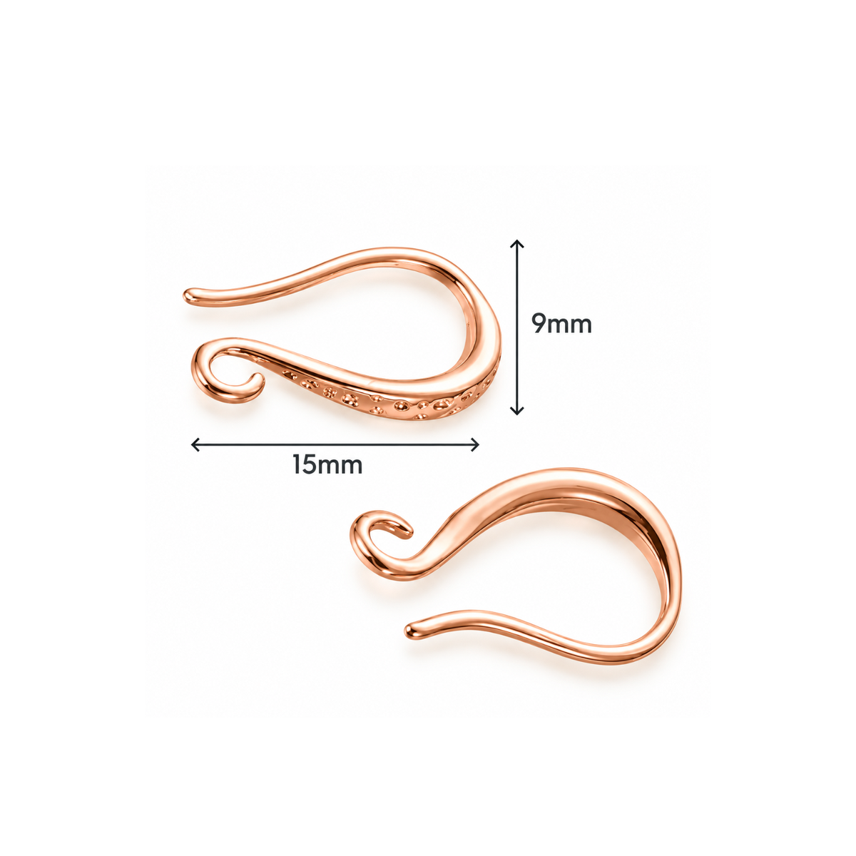 Lyon 2 Small Scroll Earring Wire in Rose Gold Plate showing two views of the curved design with measurements of 15mm wide and 9mm high.










