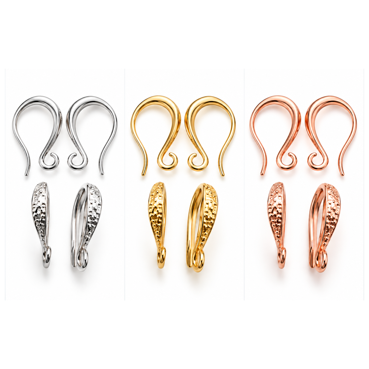 Lyon 2 Small Scroll Earring Wires in Platinum Plate, 18K Gold Plate and Rose Gold Plate, featuring decorative scroll detailing.