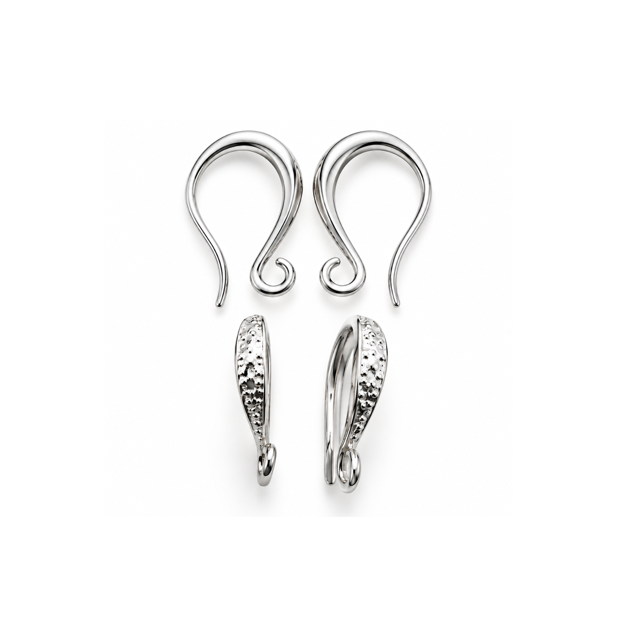 Lyon 2 Small Scroll Earring Wires in Platinum Plate, featuring elegant curved hooks, textured scroll detailing and attachment loops.