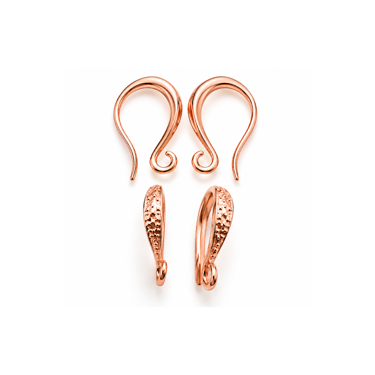Lyon 2 Small Scroll Earring Wires in Rose Gold Plate, featuring elegant curved hooks, textured scroll detailing and attachment loops.