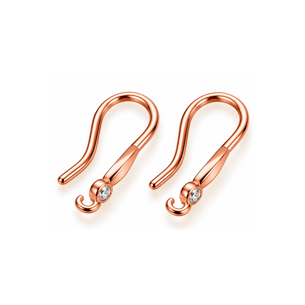 Lyon 3 Cubic Zirconia Earring Wires in Rose Gold with clear sparkling cubic zirconia accents and open loops for attaching charms or dangles.