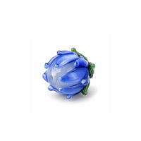 Handmade blue lampwork tulip flower bead with green leaf detail