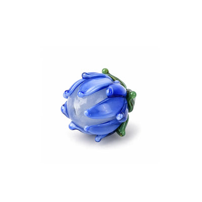 Handmade blue lampwork tulip flower bead with green leaf detail