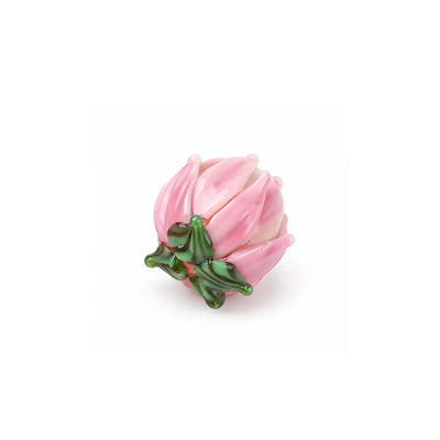 Handmade pink lampwork tulip flower bead with green leaf detail