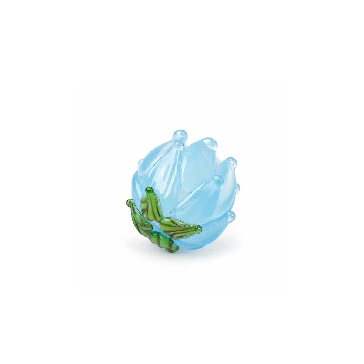 Handmade sky blue lampwork tulip flower bead with green leaf detail